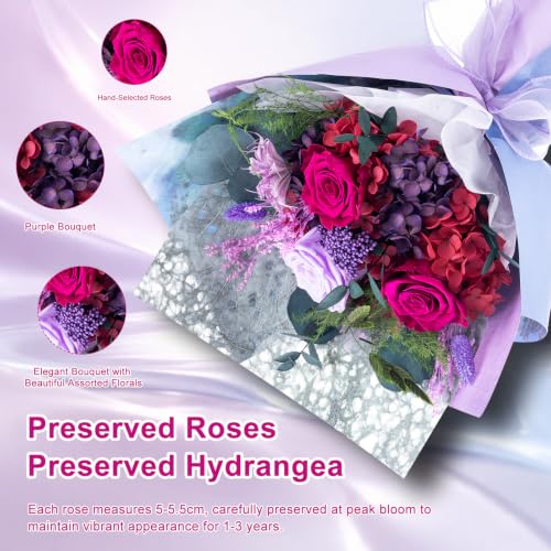 Purple Preserved Flowers Bouquet - Long Lasting Real Floral Arrangement