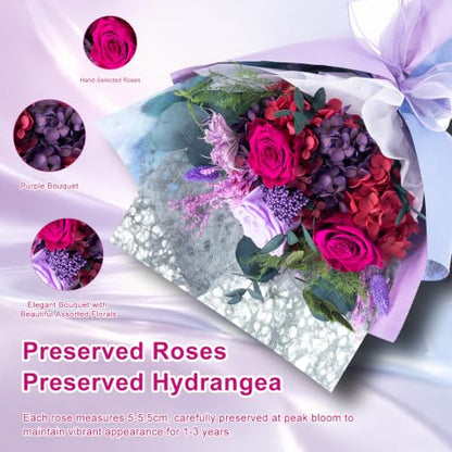 Purple Preserved Flowers Bouquet - Long Lasting Real Floral Arrangement