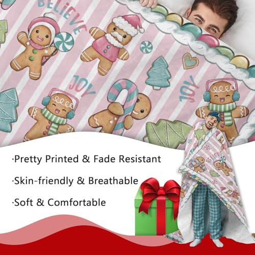 Christmas Gingerbread Man Flannel Blanket - Pink Xmas Tree Stripes, 50 x 60