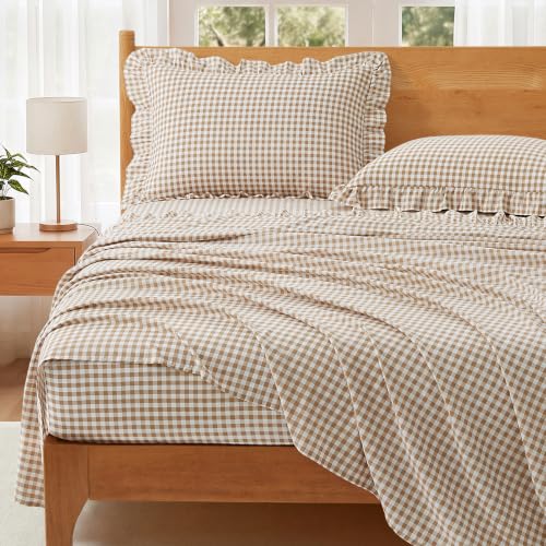 Taupe Gingham Ruffle Queen Bed Sheet Set - Microfiber Plaid Bedding