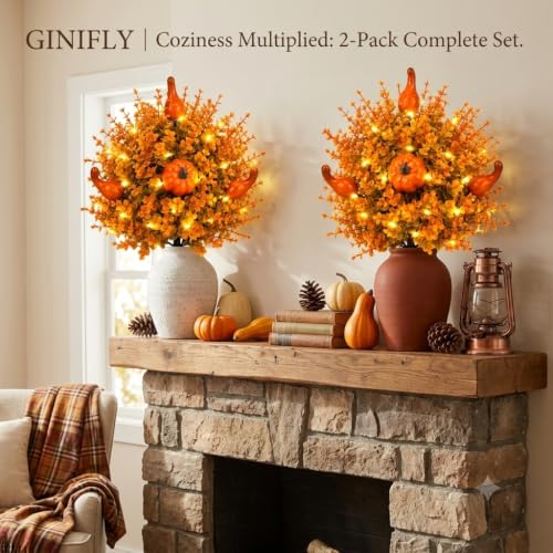 Artificial Fall Decor Stems with Pumpkins & LED String Lights - Indoor Outdoor