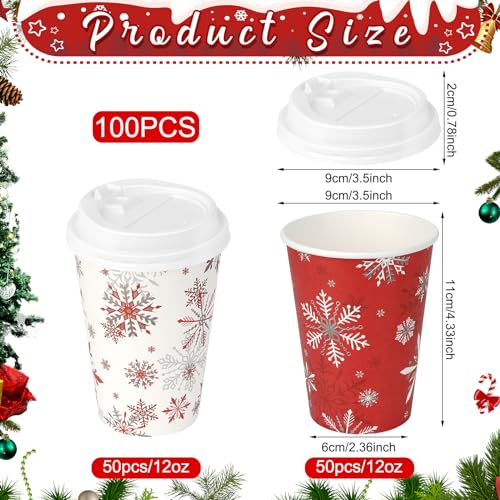 Christmas Snowflake Paper Cups with Lids 12oz - Red, 100 Pack - Holiday Party Supplies