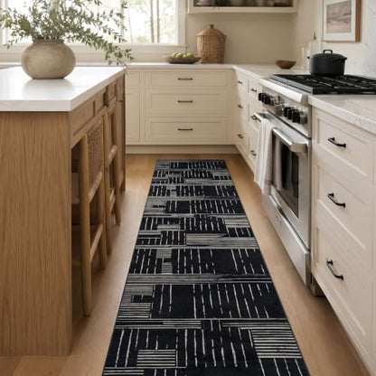 Black Block Stripe Machine Washable Non-Slip Runner Rug 2'x12' - Rugshop