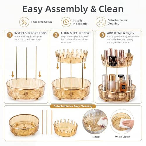 Transparent Gold 2-Tier Rotating Makeup Organizer for Vanity & Bathroom