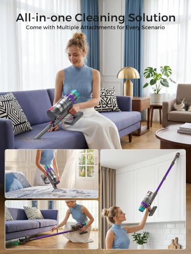 Purple Cordless Vacuum Cleaner for Home with 650W 60KPa Suction, Up to 75 Min Runtime