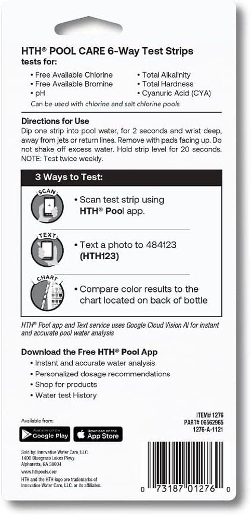 HTH 1276 Swimming Pool Test Strips - 6-Way Water Chemical Tester | 30 Strips for Accurate Testing