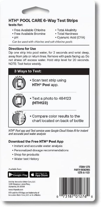 HTH 1276 Swimming Pool Test Strips - 6-Way Water Chemical Tester | 30 Strips for Accurate Testing