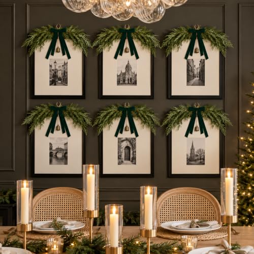 Mini Christmas Swags with Green Velvet Bow & Bell - 6 Pack, 13 Inches