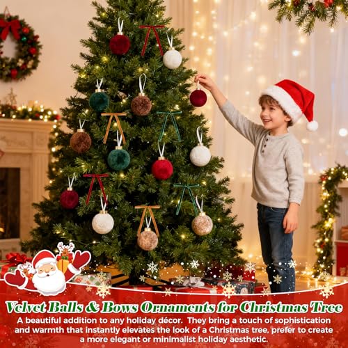 Christmas Velvet Ornaments Set with Bows - 30 Pieces Holiday Decorations