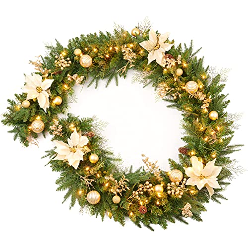 9Ft Artificial Christmas Garland Prelit with Gold Berries & Balls - Plug In, Gold / Holiday Decor