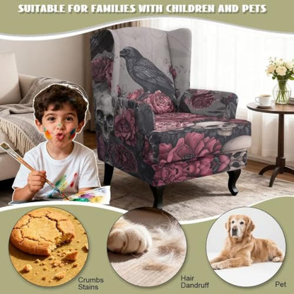 Gothic Raven Rose Wingback Armchair Cover - Stretch Slipcover for Dining Room