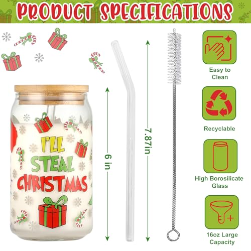 Christmas 16oz Glass Can Mug with Lid & Straw - Holiday Coffee Cup