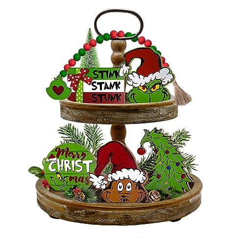 Christmas Tiered Tray Decor Set - Farmhouse Holiday Wooden Signs & Garland