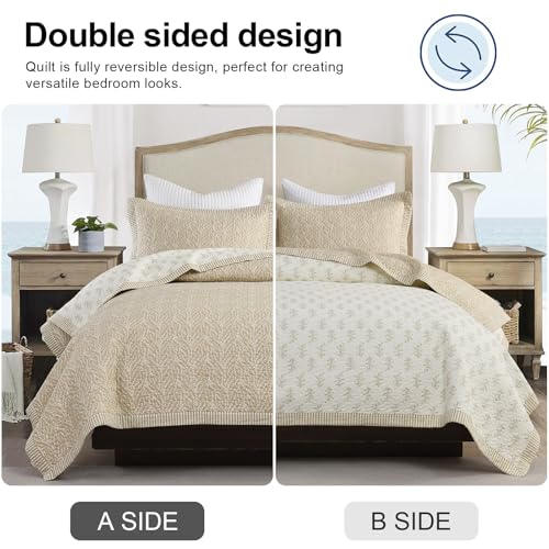 California King Quilt Set 3 Pieces - White & Oatmeal Reversible Cotton Bedspread