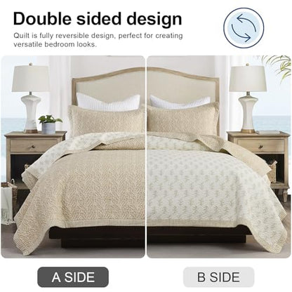 California King Quilt Set 3 Pieces - White & Oatmeal Reversible Cotton Bedspread