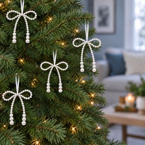 6 Pack White Pearl Bow Christmas Tree Ornaments - 4.7 Inch Holiday Decor