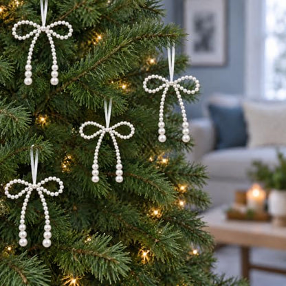 6 Pack White Pearl Bow Christmas Tree Ornaments - 4.7 Inch Holiday Decor