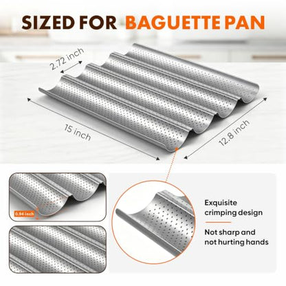 French Baguette Bread Pan Set - Nonstick 2-Pack with 8 Slots, Silver