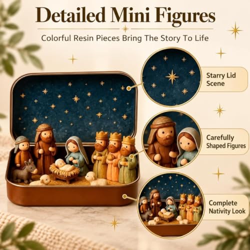 Mini Pocket Nativity Scene in Tin Box Christmas Decor Set 1pc Small Figures
