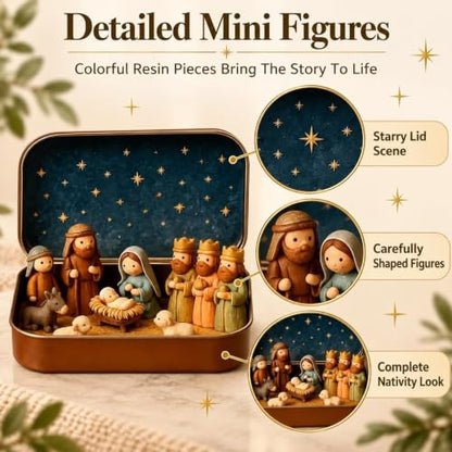 Mini Pocket Nativity Scene in Tin Box Christmas Decor Set 1pc Small Figures