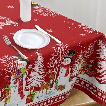 Christmas Tablecloth 60x102 Inch Red Elk Santa Snowman Waterproof Polyester