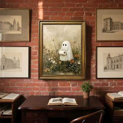 Halloween Ghost Bathroom Wall Art with Vintage Gold Frame - 8x10 Inch