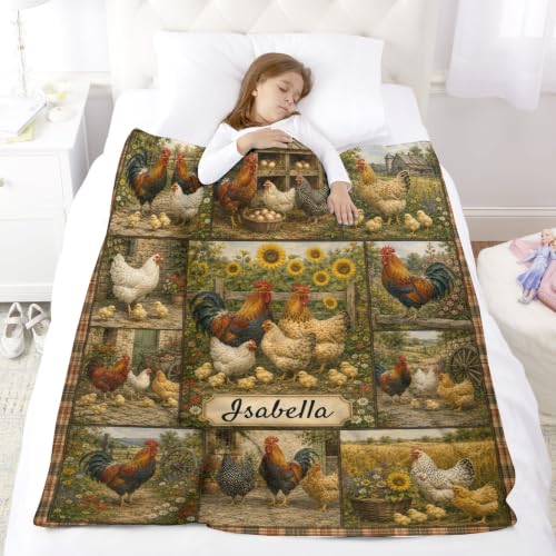 Farmhouse Chicken Blanket with Name Personalized Flannel Throw - Custom Gift