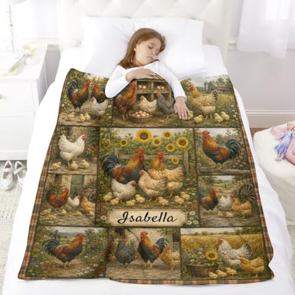 Farmhouse Chicken Blanket with Name Personalized Flannel Throw - Custom Gift