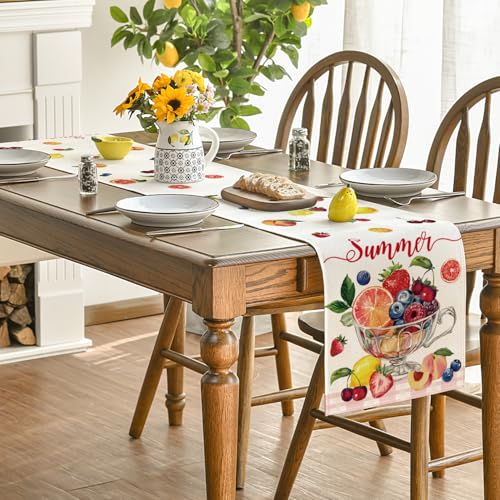 Seasonal Table Runner 13x36 Inch - Strawberry Blueberry Cherry Fruits Design - Beige Pink Summer Dining Decor