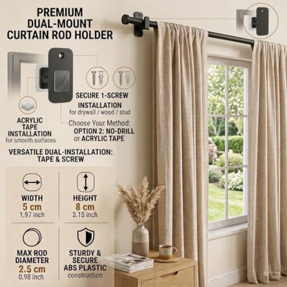 No Drill Self-Adhesive Curtain Rod Brackets - Pack of 8, Black