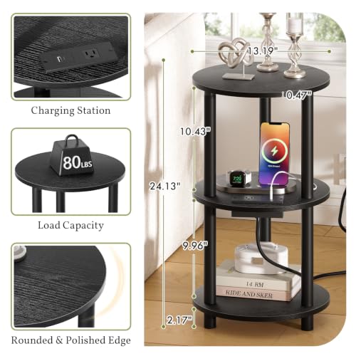 Atoping Black Round Side Table with Charging Station, Easy Assembly