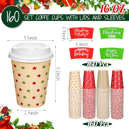 Zhehao 160 Sets/ 480 Pcs Disposable Coffee Cups Christmas Paper Cups with Lids and Sleeves for Cold Drink Tea Hot Cocoa Chocolate Holiday Xmas Party Supplies, 4 Designs (Pretty Style, 16 oz)
