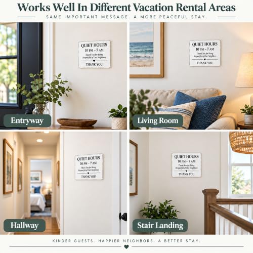 Vacation Rental Quiet Hours Sign - 8 x 6 Inch Acrylic - Clear Adhesive Mount - Defines 10 PM–7 AM Rule