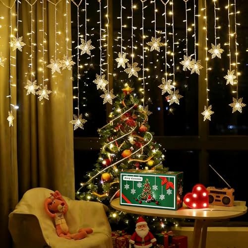 Snowflake LED Curtain Lights - Warm White, 19Ft/6M Fairy String Lights with 96 LEDs