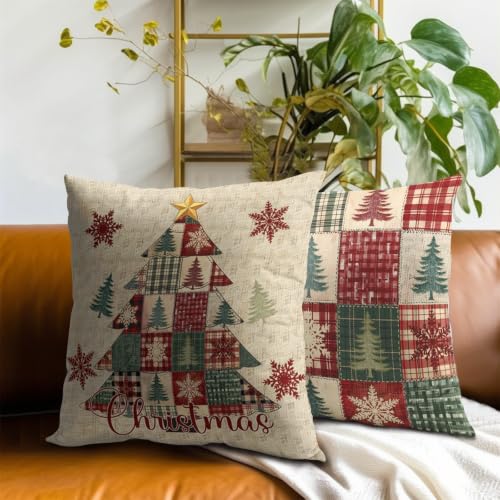 Christmas Tree Outdoor Pillow Covers 18x18 Set of 2 - Patchwork & Plaid Design