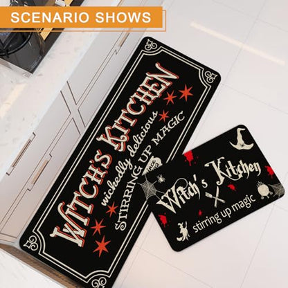 Halloween Witches Kitchen Mat Set of 2 - 17x29 & 17x47 Inches, Non-Slip Home Decor Rugs