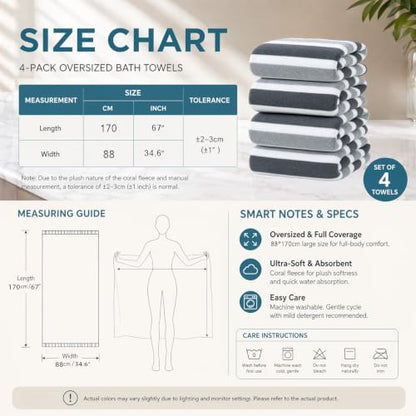 Large Microfiber Bath Towel Set - 4 Soft Quick-Dry 34.6" x 67" Gray