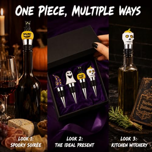 Halloween Wine Bottle Stoppers Set Skull Black Cat Pumpkin Decor