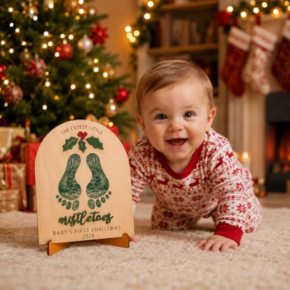 Baby Footprint Keepsake Wooden Sign - Personalized Christmas Mistletoes Footprint Decoration Xmas Footprint