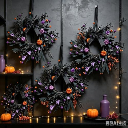 Halloween Hanging Wreaths with Black Foliage and Orange Pumpkins - 4 Pieces, Gothic Decor