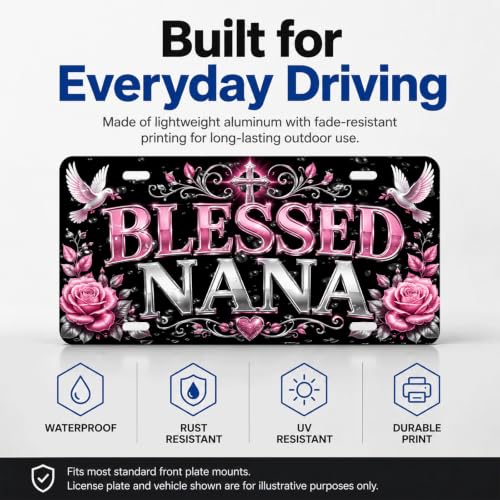 Blessed Nana Aluminum License Plate Pink Rose Cross Dove Decor - 6x12 Inches
