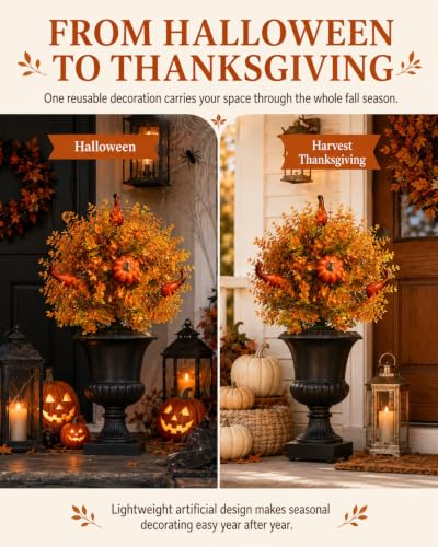 2pcs Artificial Fall Pumpkin Tree Stakes 22 Inch Orange Topiary with Eucalyptus