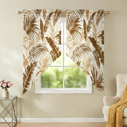 Brown Leaves Swag Curtains Set - Sepia, Bronze, Tan, Sand - 36x36 Inches, Pack of 2