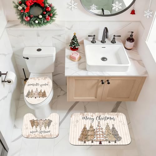Christmas Shower Curtain Set with Non-Slip Rugs Bathroom Decor 4 Pieces