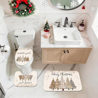 Christmas Shower Curtain Set with Non-Slip Rugs Bathroom Decor 4 Pieces