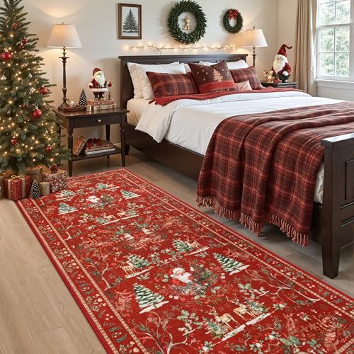 2'7" x 8" Christmas Runner Rug - Red Holiday Reindeer & Santa Design, Washable, Non-Slip, Low Pile