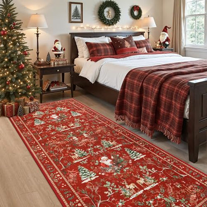2'7" x 8" Christmas Runner Rug - Red Holiday Reindeer & Santa Design, Washable, Non-Slip, Low Pile