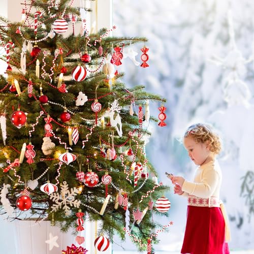 Candy Cane Christmas Decorations Set with Tree Skirt and Topper - Holiday Peppermint Theme