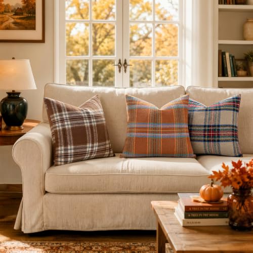 MIULEE Fall Plaid Decorative Pillow Covers Set of 2 18x18 Inches - Orange & Green