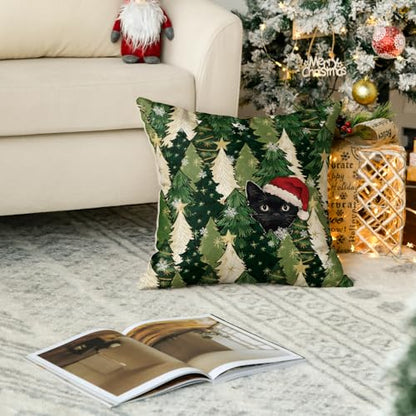 18x18 Inch Christmas Tree Stars Black Cat Throw Pillow Cover Winter Holiday Decor
